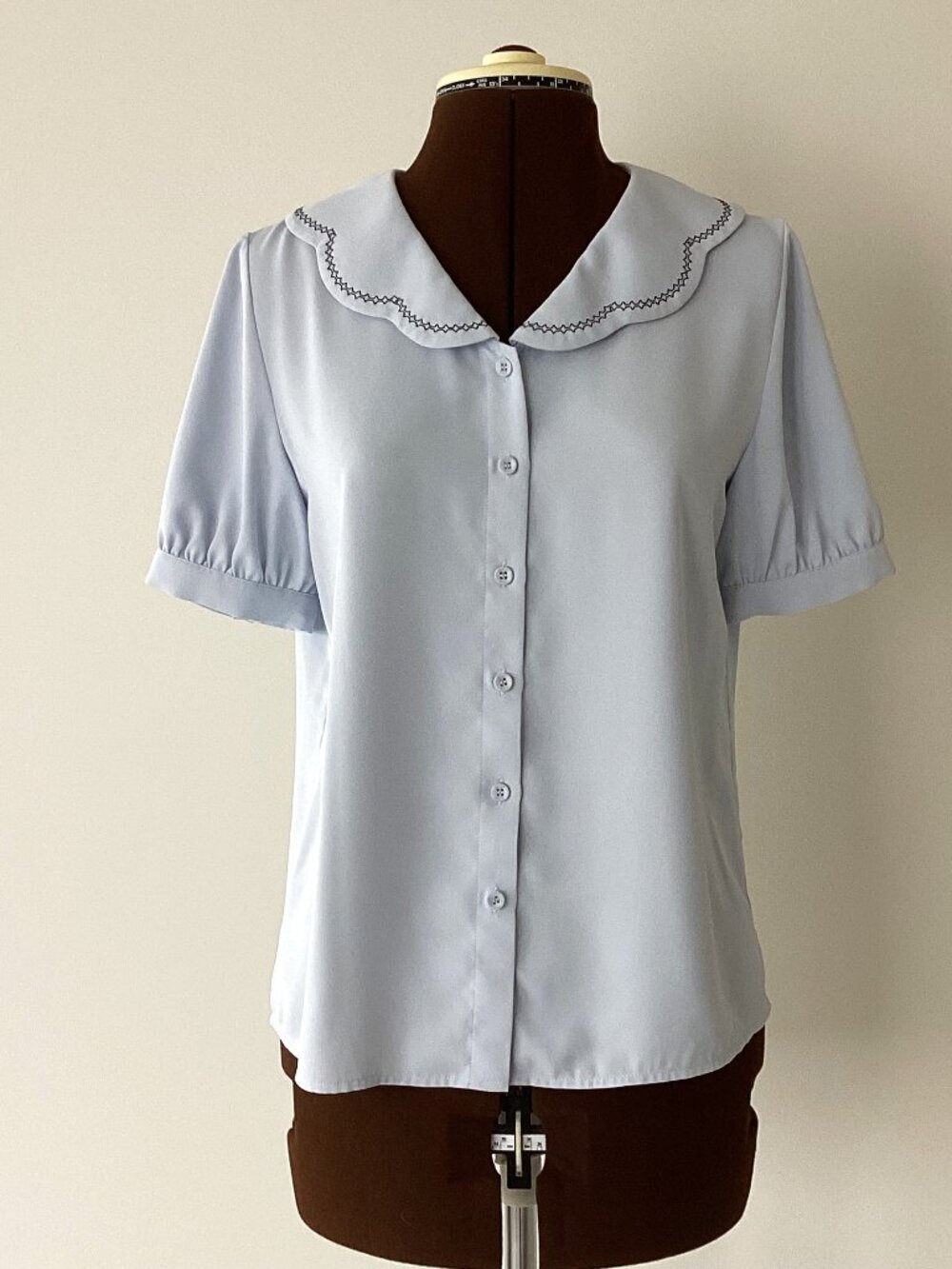 Soft Blue Puff Short Sleeve Button Front Blouse with Scalloped Collar